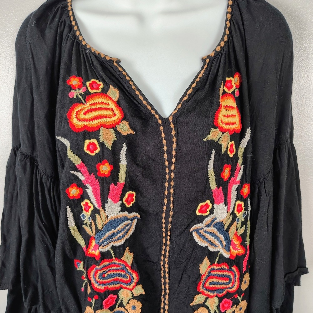 Black Embroidered Peasant Blouse with Floral Detail - Picture 3 of 8